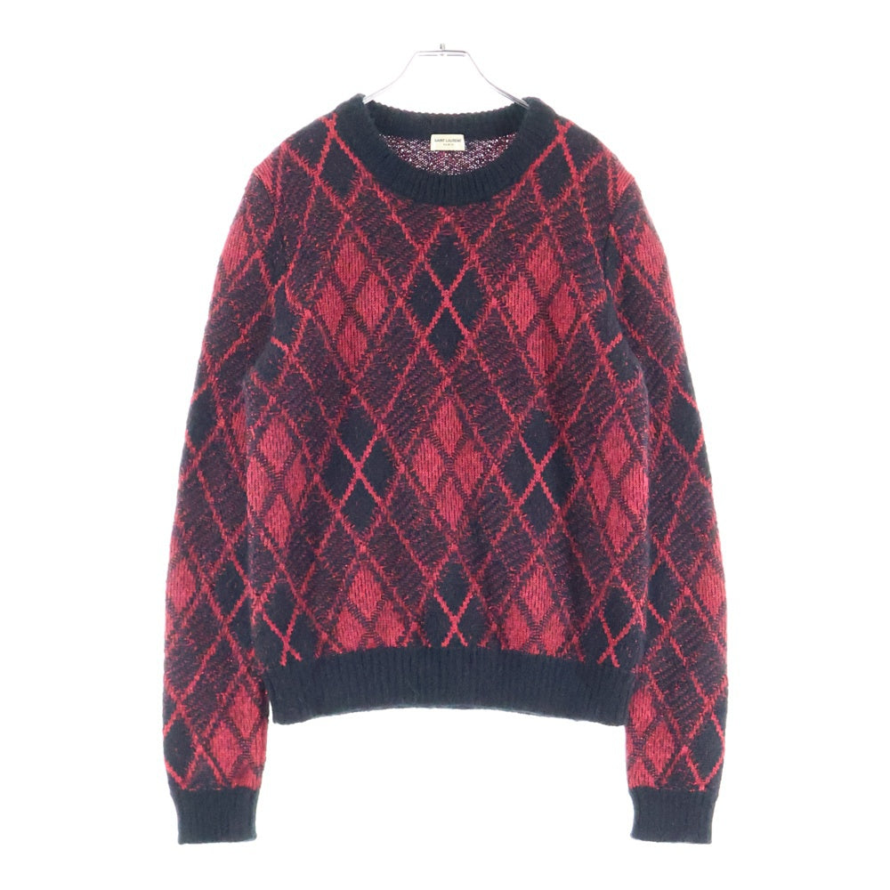 SAINT LAURENT PARIS(サンローランパリ) 19AW アーガイルチェック総柄 モヘヤ ラメ クルーネック 長袖 プルオーバー ニット セーター ブラック/レッド 586911