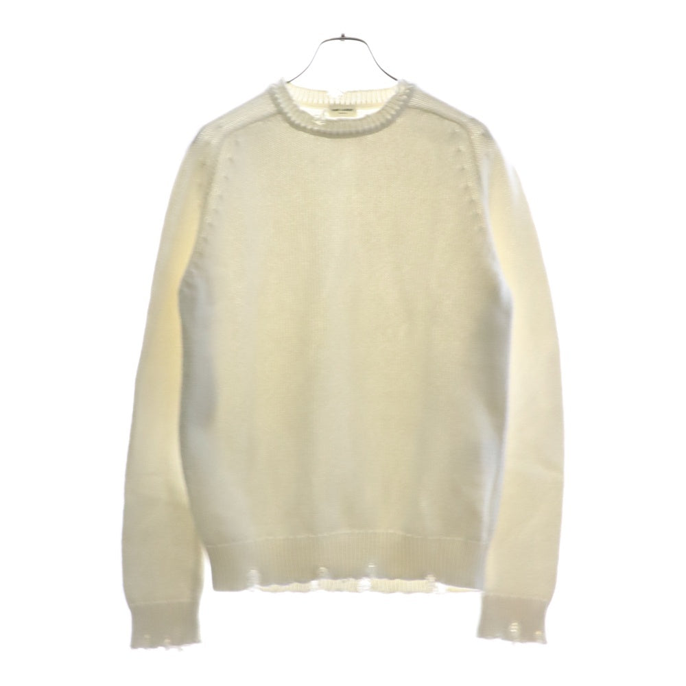 SAINT LAURENT PARIS(サンローランパリ) デストロイ加工クラッシュニット クルーネック長袖セーター ホワイト 604798 YALO2