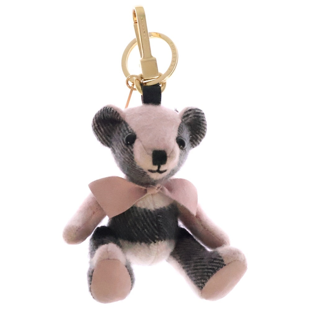 BURBERRY(バーバリー) ノバチェック総柄 ウール テディベア キーリング キーホルダー ゴールド金具 ピンク/ブラック