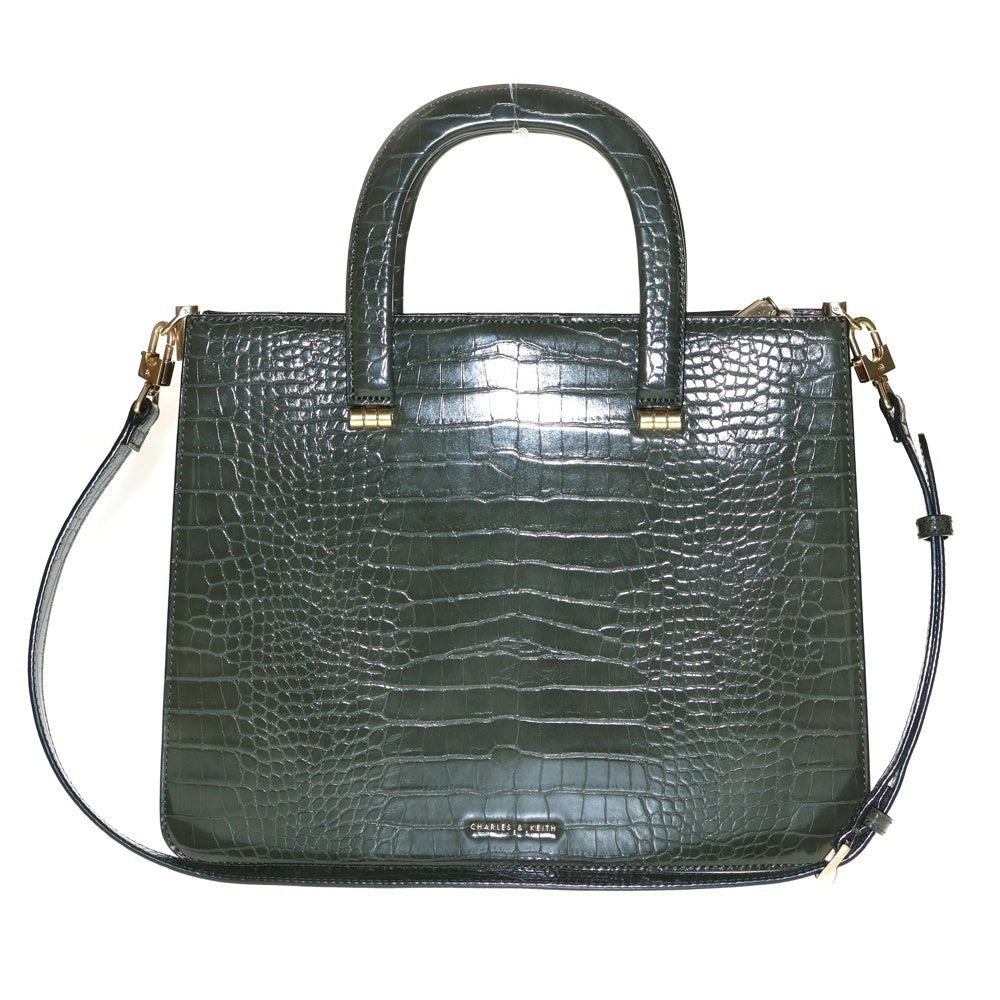 CHARLES&KEITH(チャールズ＆キース) トートバッグ ハンドバッグ 型押しクロコ レザー カーキ グリーン ゴールド金具