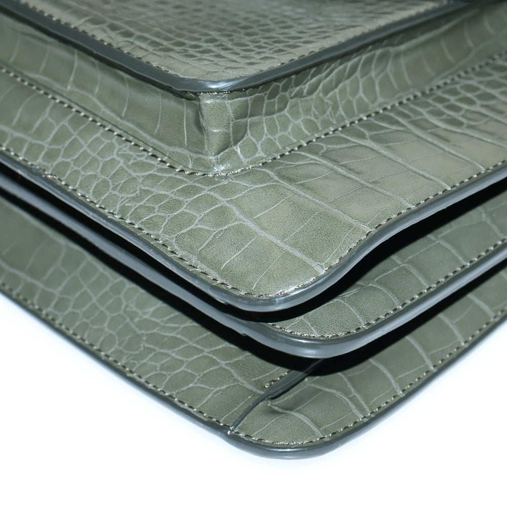 CHARLES&KEITH(チャールズ＆キース) トートバッグ ハンドバッグ 型押しクロコ レザー カーキ グリーン ゴールド金具
