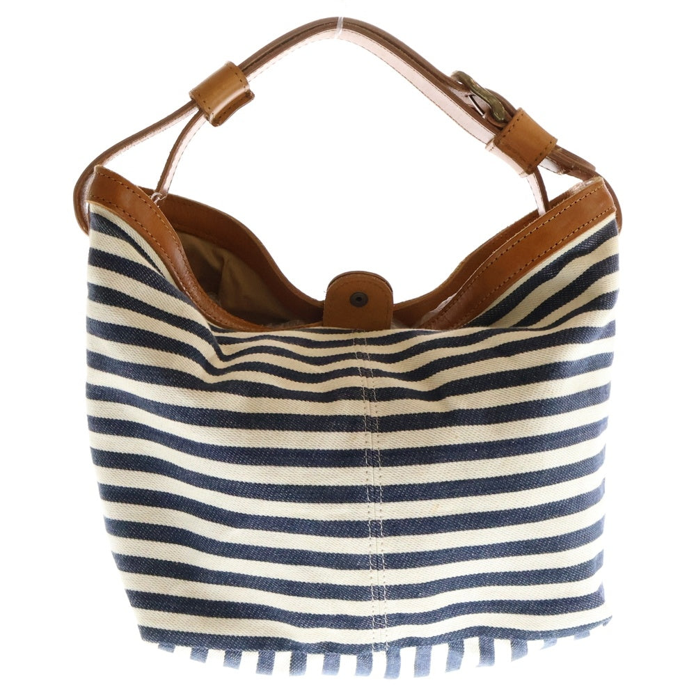 cachellie(カシェリエ) ボーダー トートバッグ ハンドバッグ ホワイト×ネイビー×ブラウン レザー×キャンバス