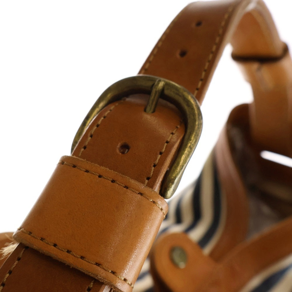 cachellie(カシェリエ) ボーダー トートバッグ ハンドバッグ ホワイト×ネイビー×ブラウン レザー×キャンバス