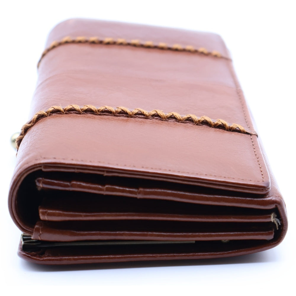 NO BRAND(ノーブランド) ラフィカロ ロングウォレット 長財布 がま口財布 カードケース ブラウン レザー ゴールド金具