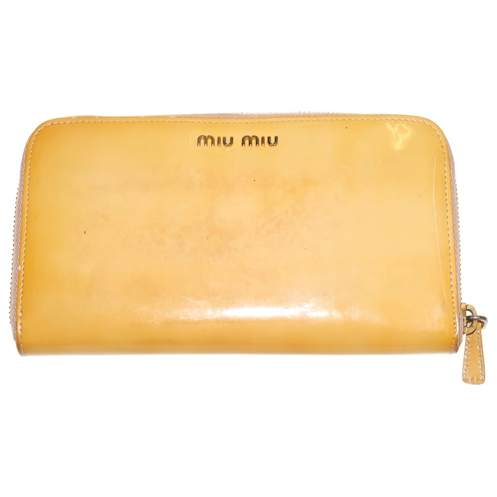 miumiu(ミュウミュウ) リボン ラウンドファスナー長財布 ロングウォレット イエロー パテント エナメル