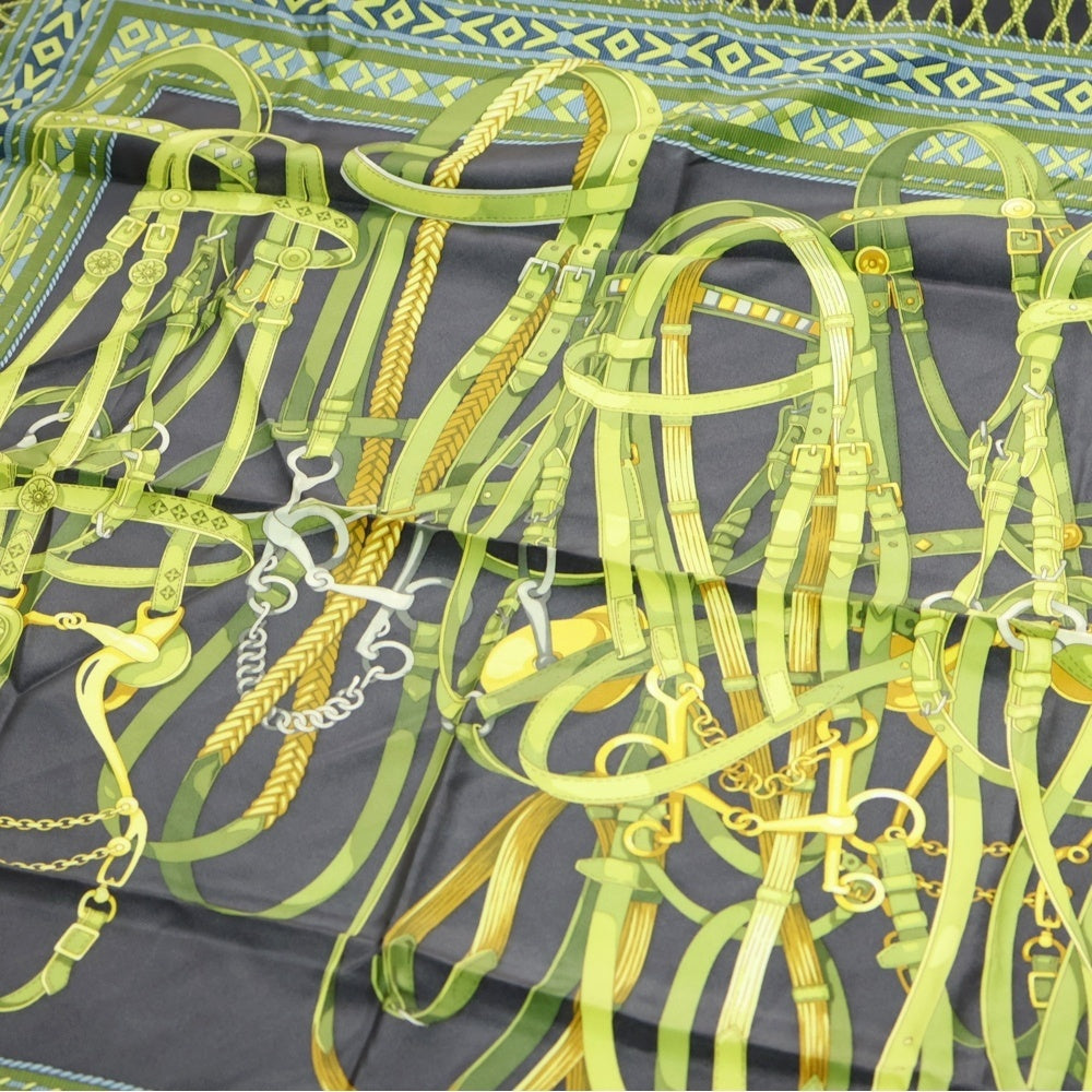 GUCCI(グッチ) ベルト柄 大判スカーフ シルク ネイビー×グリーン