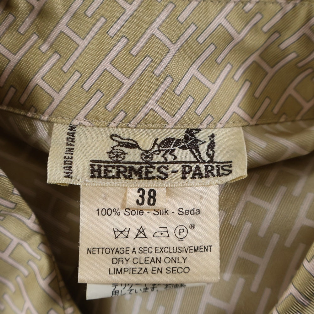 HERMES(エルメス) Hロゴ総柄プリント シルク 半袖シャツ ベージュ レディース