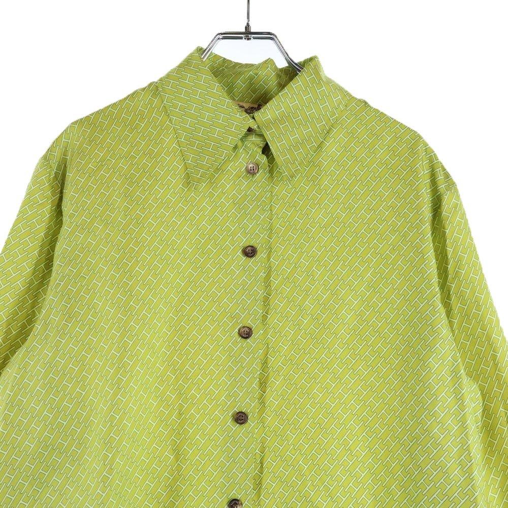 HERMES(エルメス) Hロゴ総柄プリント シルク ロングスリーブ 長袖シャツ ライトグリーン レディース