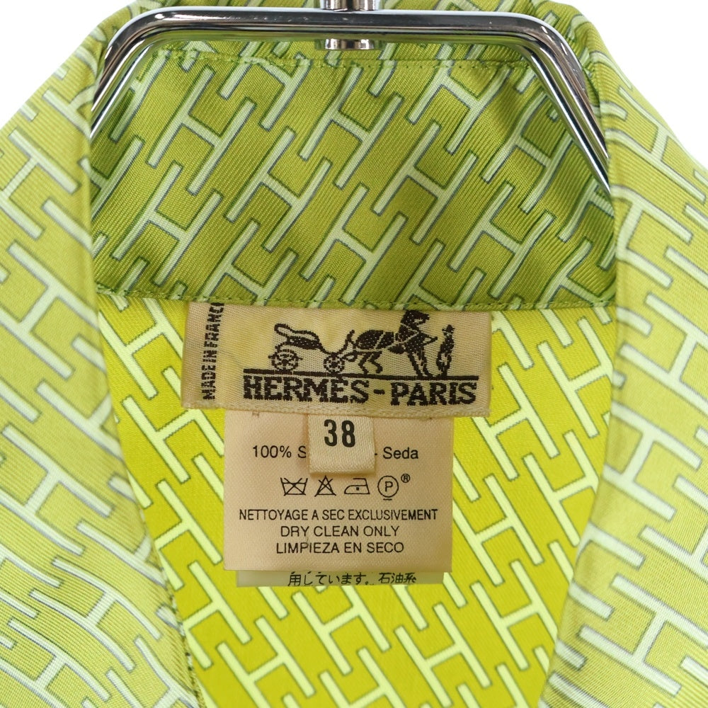 HERMES(エルメス) Hロゴ総柄プリント シルク ロングスリーブ 長袖シャツ ライトグリーン レディース