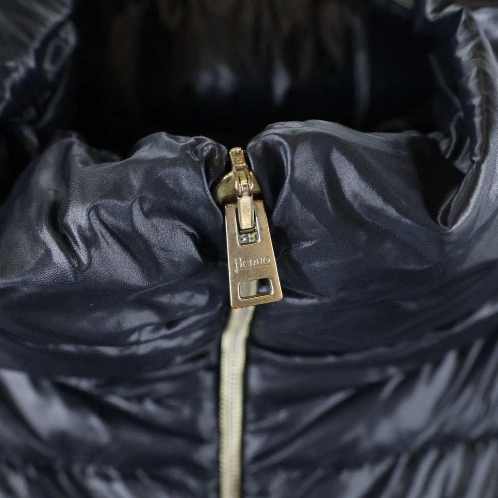 HERNO(ヘルノ) レイヤードデザイン ウール切り替え ジップアップ ダウン ロング ジャケット ブラック レディース