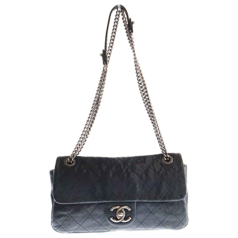 CHANEL(シャネル) マトラッセ シングルフラップ ダブルチェーン ショルダーバッグ キャビアスキン ブラック シルバー金具