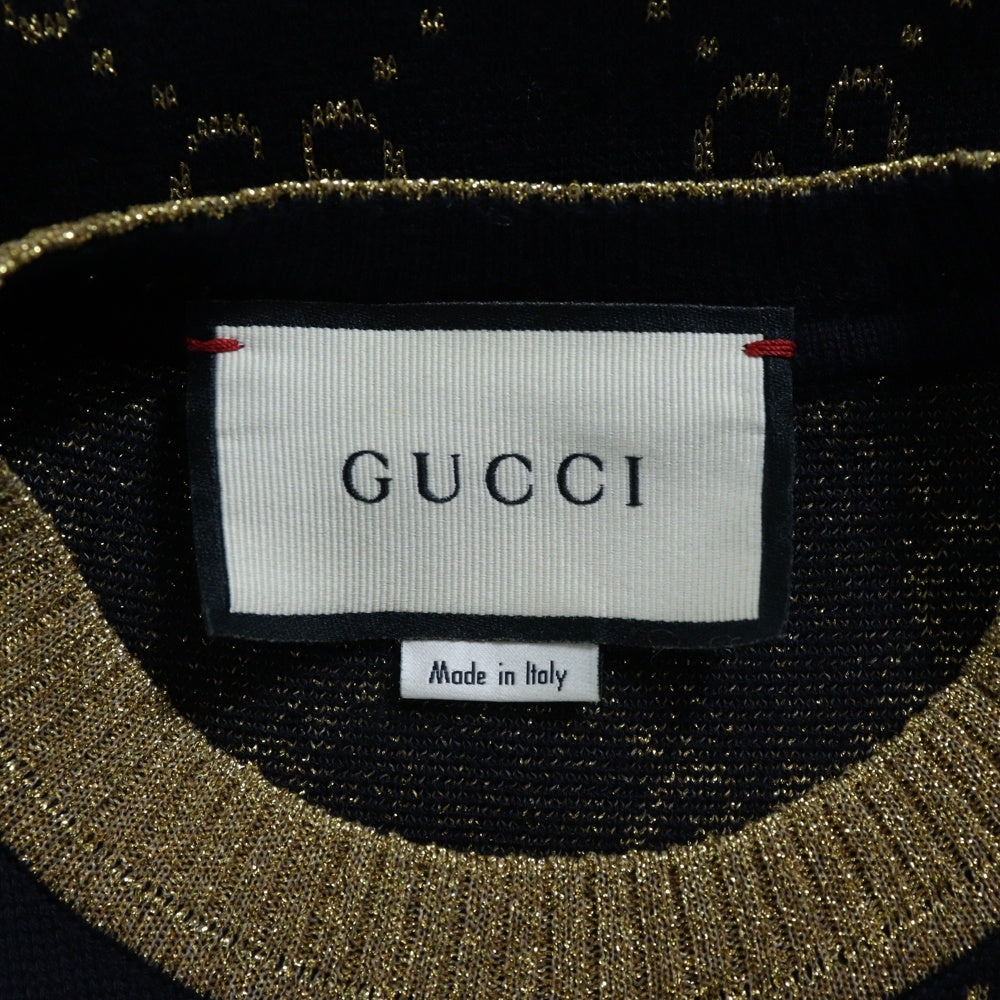 GUCCI(グッチ) GGコットンラメ ニット 半袖Tシャツ ネイビー×ゴールド 526759