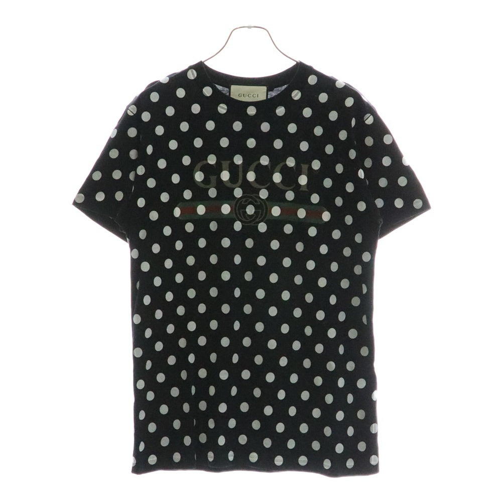 GUCCI(グッチ) ドット総柄 インターロッキングG ヴィンテージロゴ プリント クルーネック 半袖Tシャツ カットソー ブラック 615044