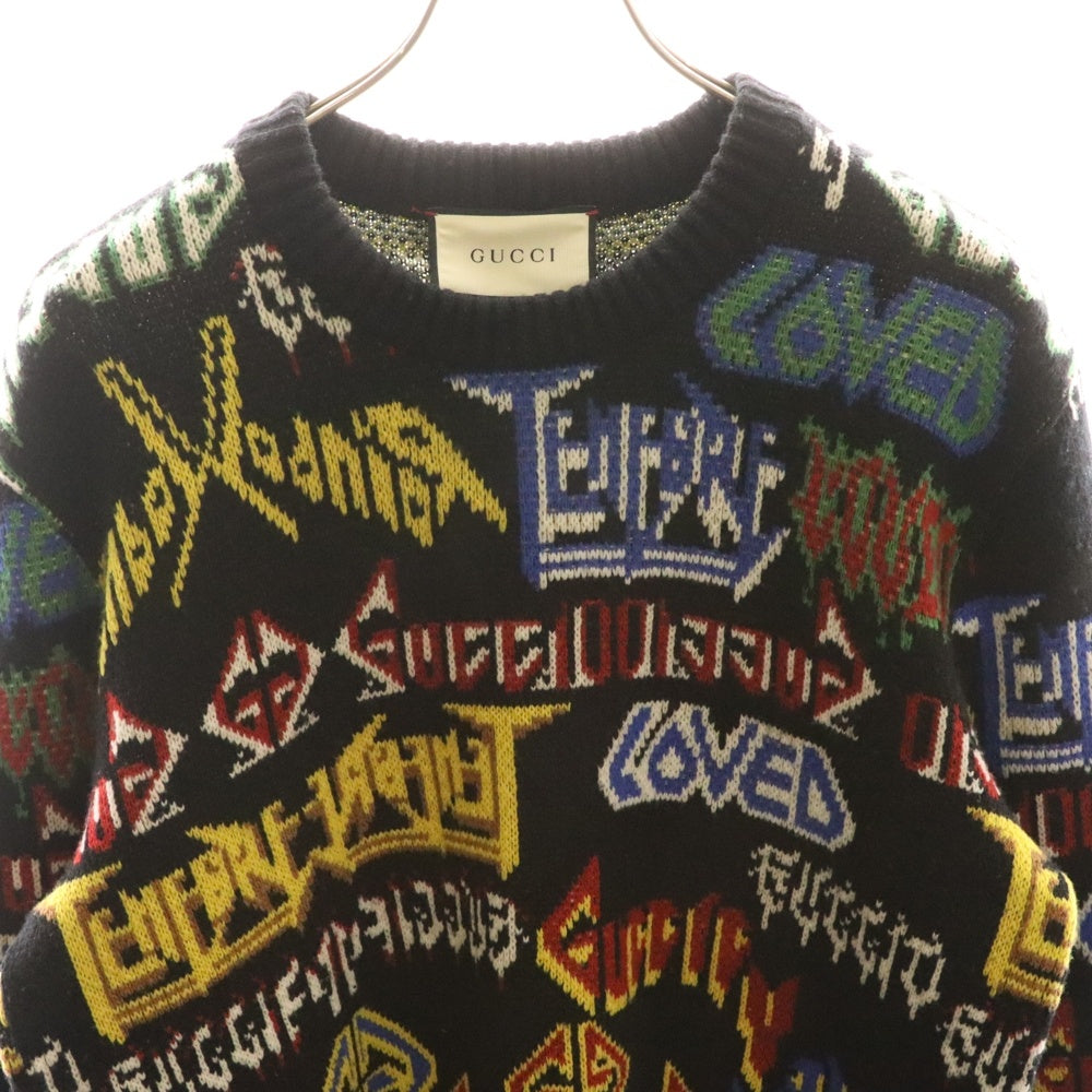 GUCCI(グッチ) 18AW Metal Mix Wool Sweater メタルロゴ ミックス マルチカラー ウール クルーネック プルオーバー 長袖ニット セーター ブラック 548945