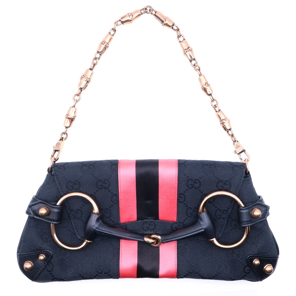 GUCCI(グッチ) GGキャンバス ホースビット チェーンショルダーバッグ ハンドバッグ ブラック×ピンク 限定配色 129497