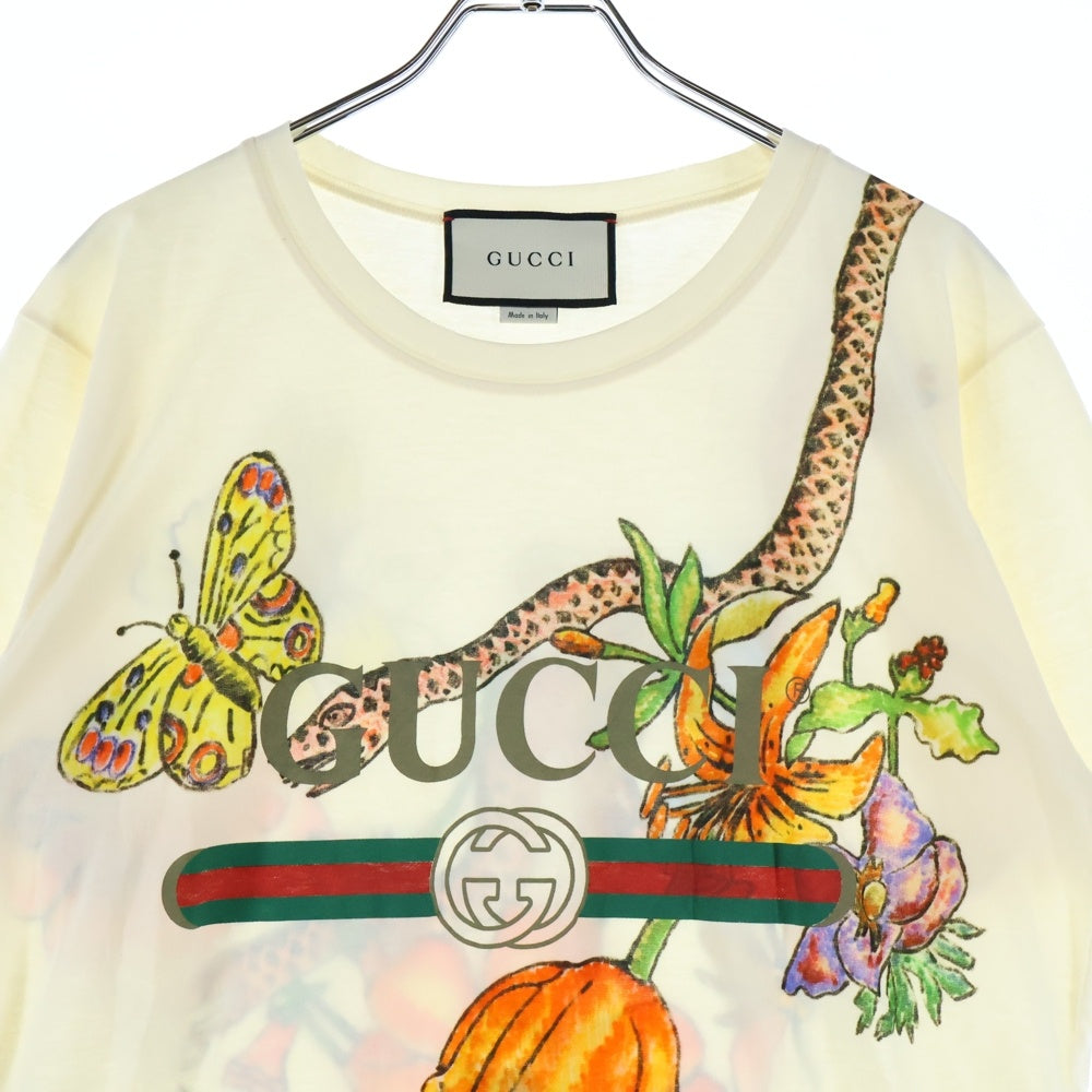GUCCI(グッチ) ヴィンテージロゴ スネーク フラワー プリント クルーネック 半袖Tシャツ カットソー イエロー 492347