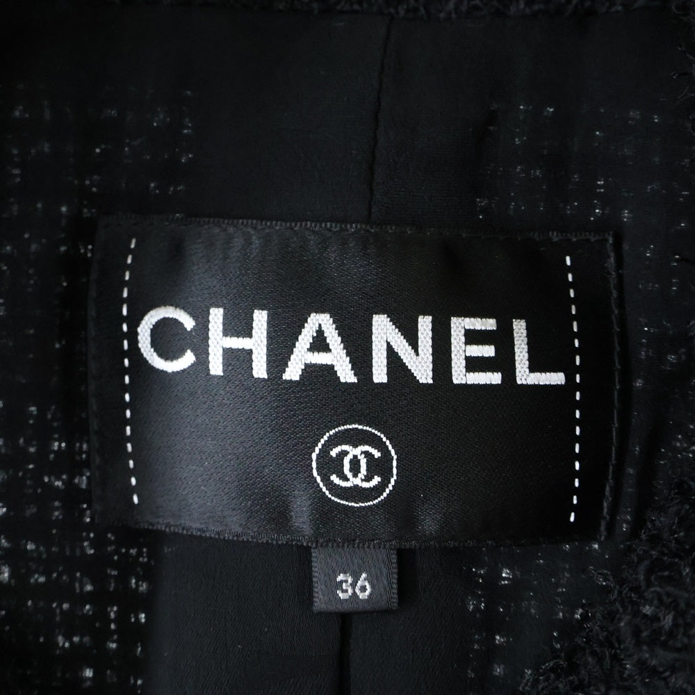CHANEL(シャネル) ココマーク グリポワボタン ウール ツイード スタンドカラー ジップアップ 比翼 クロップド ショートジャケット ブラック レディース P62026V19676