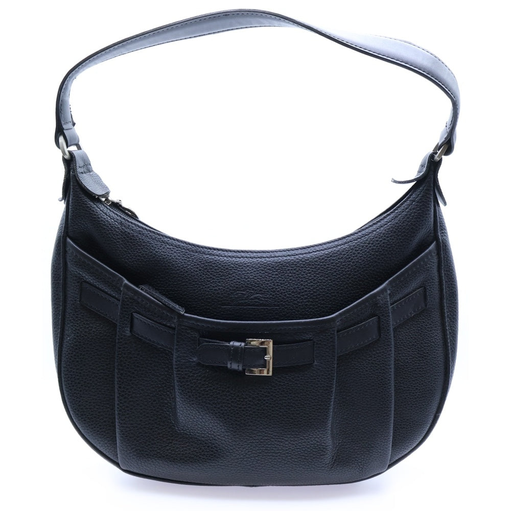 LONGCHAMP(ロンシャン) ベルトデザイン レザー ギャザー ワンショルダーバッグ シルバー金具 ブラック