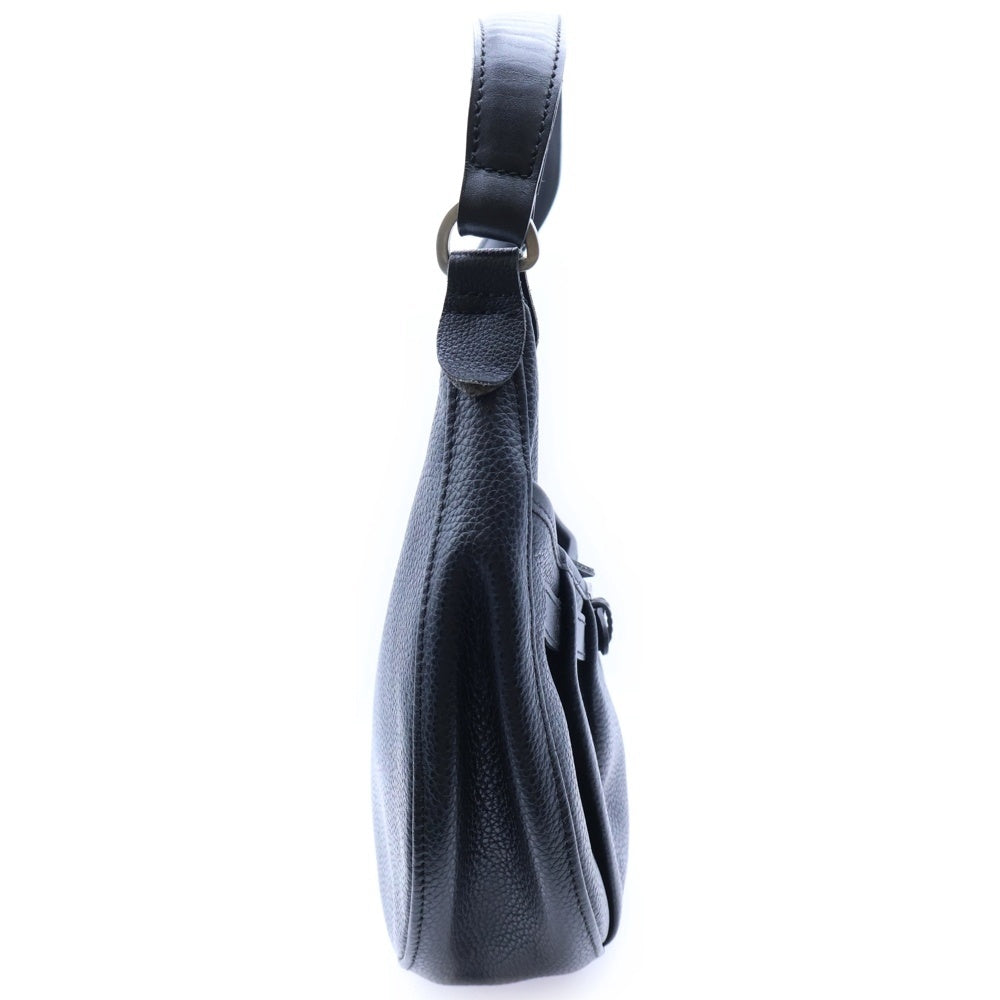 LONGCHAMP(ロンシャン) ベルトデザイン レザー ギャザー ワンショルダーバッグ シルバー金具 ブラック