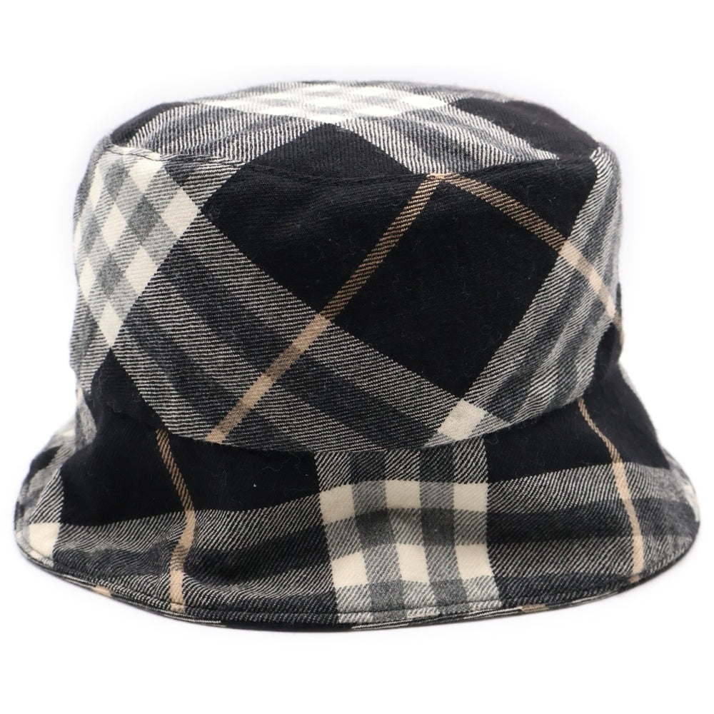 BURBERRY BLUE LABEL(バーバリーブルーレーベル) ロゴ刺繍 バーバリーチェックリバーシブルバケットハット 帽子 ブラック/ベージュ