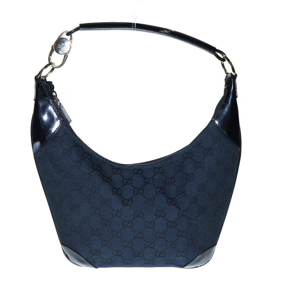 GUCCI(グッチ) GGキャンバス ワンショルダーバッグ ハンドバッグ ブラック×ネイビー レザー×キャンバス ゴールド金具 001・4158