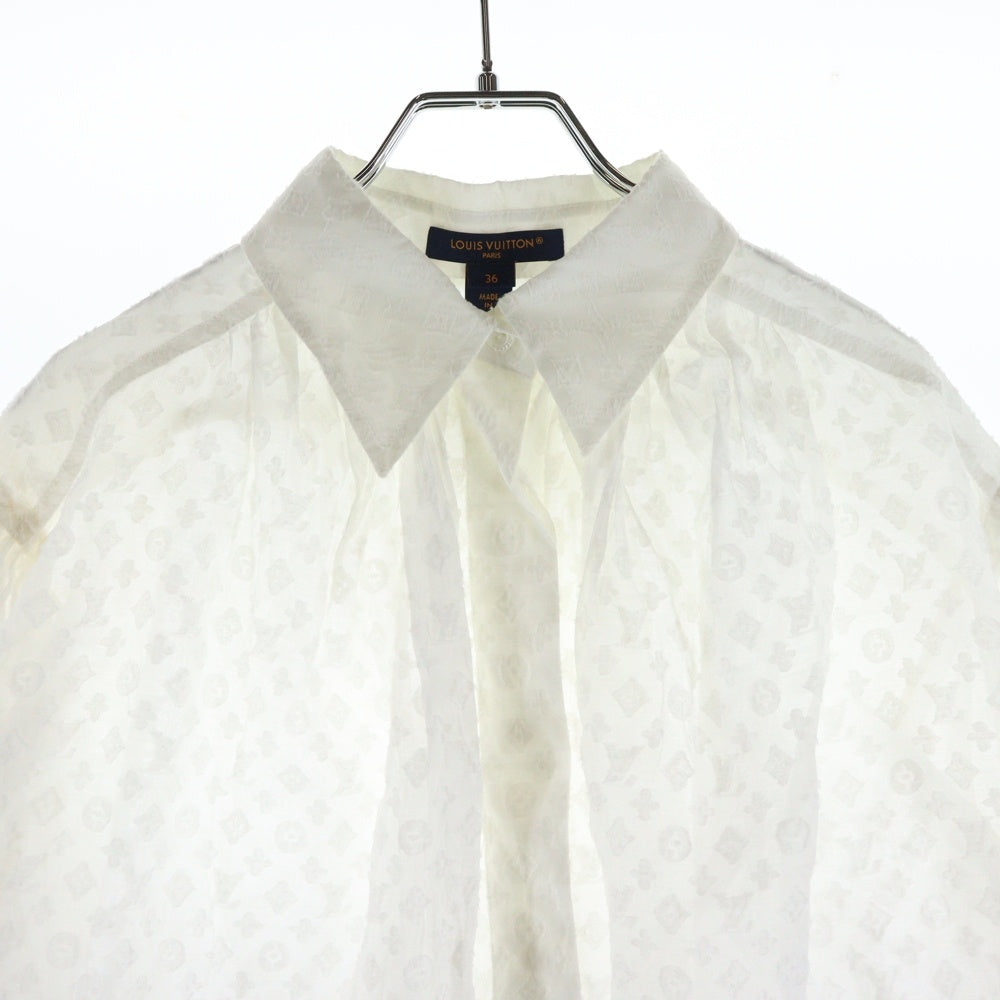 LOUIS VUITTON(ルイヴィトン) 24AW モノグラム総柄 シアー ギャザーデザイン ワイド ハーフスリーブ ブラウス シャツ ホワイト レディース RW242WW UM7 FRBL32