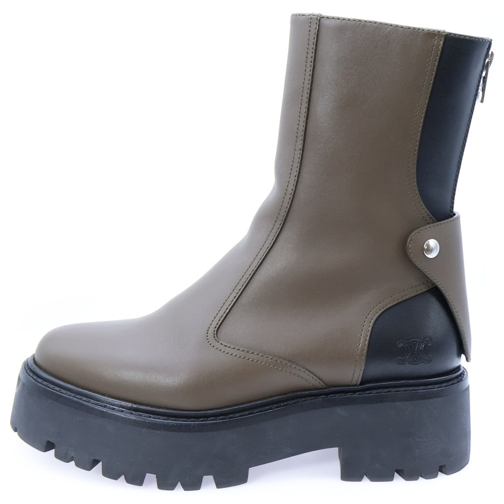 CELINE(セリーヌ) トリオンフロゴ バイカラー レザー バルキー バックジップ 厚底 ハイカット ショートブーツ ブラウン/ブラック レディース BE0292