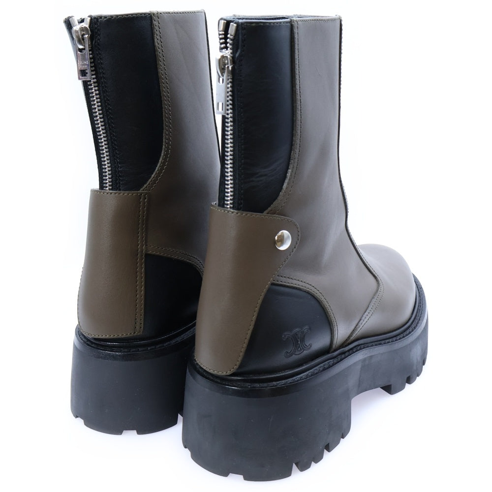 CELINE(セリーヌ) トリオンフロゴ バイカラー レザー バルキー バックジップ 厚底 ハイカット ショートブーツ ブラウン/ブラック レディース BE0292