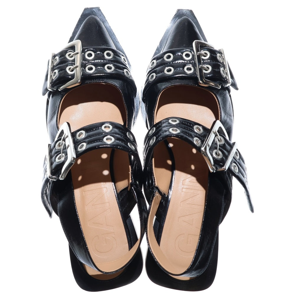 GANNI(ガニー) バックル フラットパンプス アイレットベルト ストラップ ローカットシューズ ブラック レディース