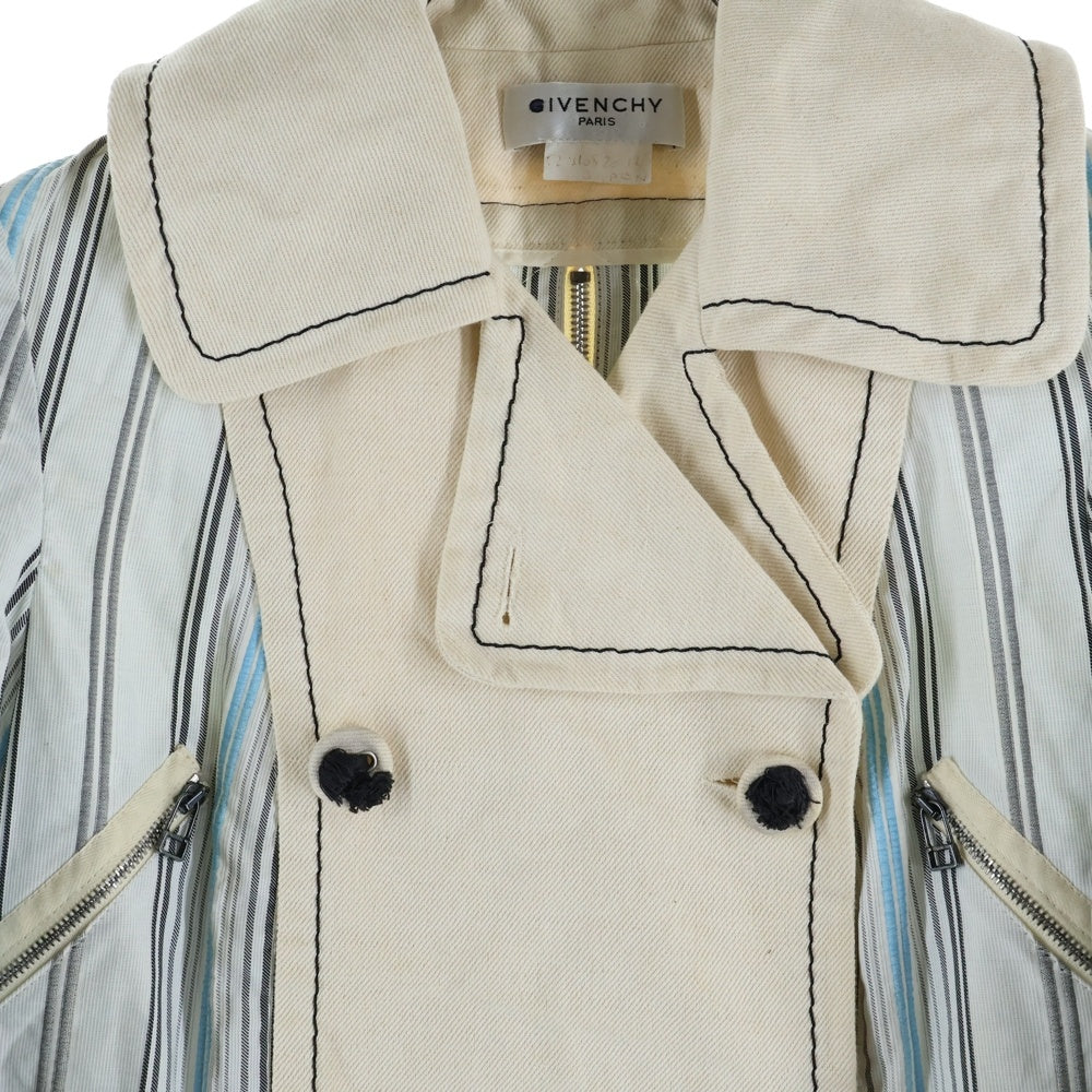 GIVENCHY(ジバンシィ) ストライプ柄切り替え バックジップ ダブルブレスト ショート トレンチ ジャケット コート ベージュ/ライトブルー レディース