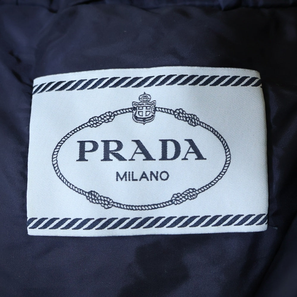 PRADA(プラダ) ラバーワッペンロゴ タッセル フーデッド ジップアップ ダウン ロング ジャケット コート ネイビー レディース 291277