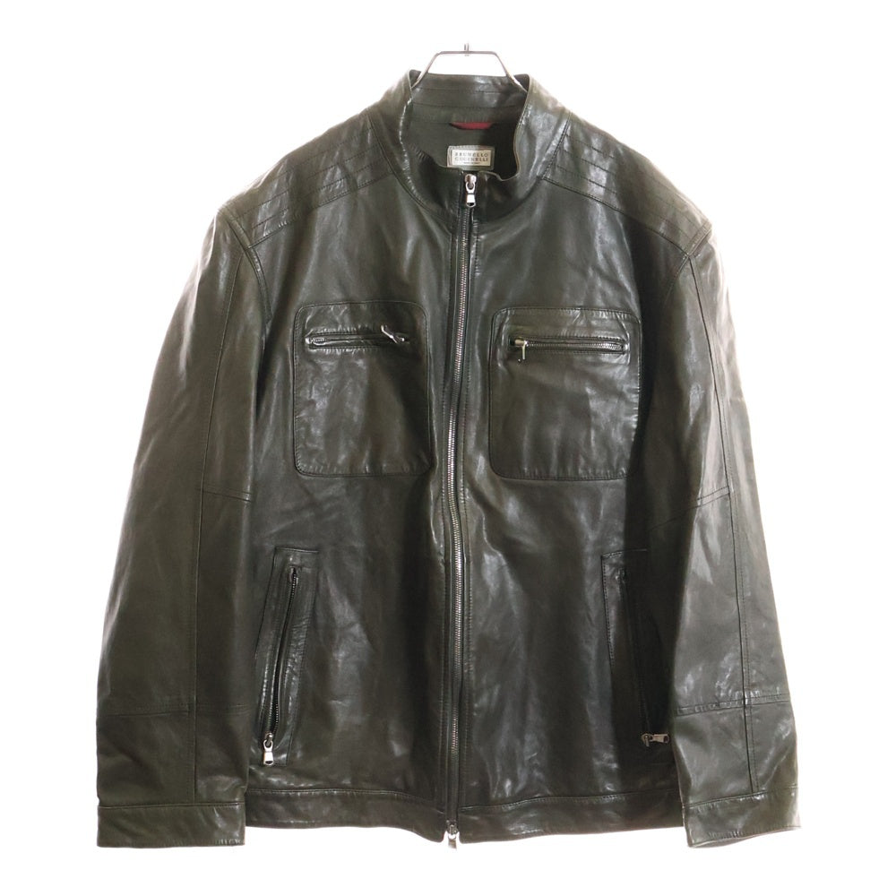 BRUNELLO CUCINELLI(ブルネロクチネリ) レザー スタンドカラー ジップアップ マルチポケット シングルライダース ジャケット カーキ