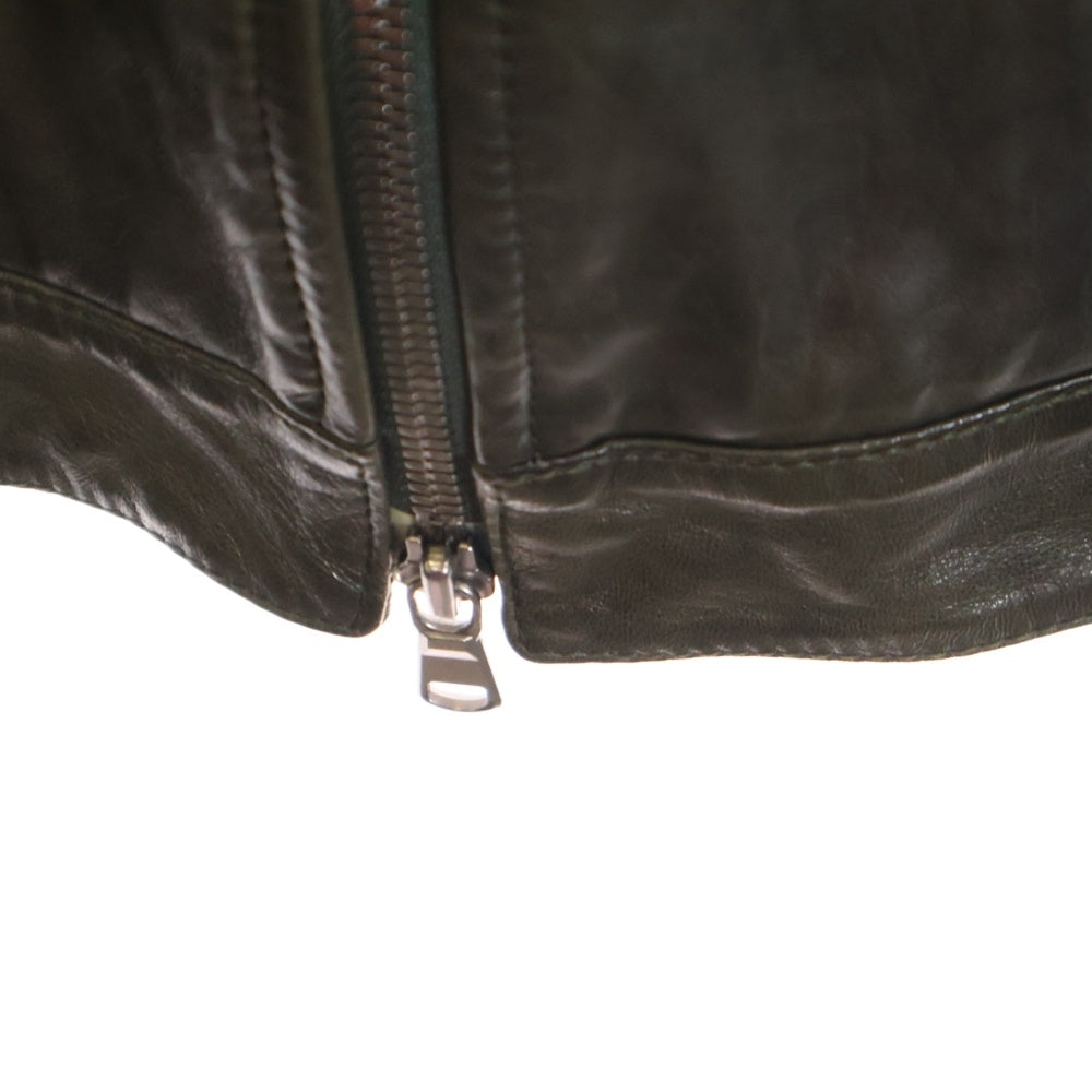 BRUNELLO CUCINELLI(ブルネロクチネリ) レザー スタンドカラー ジップアップ マルチポケット シングルライダース ジャケット カーキ