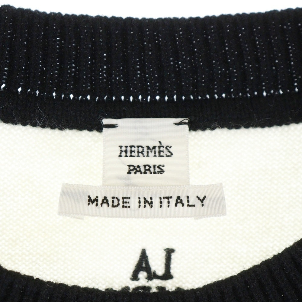 HERMES(エルメス) La Promenade du Matin 朝の散歩 クルーネックカシミヤ半袖ニットセーター ブラック/ホワイト 27-7706