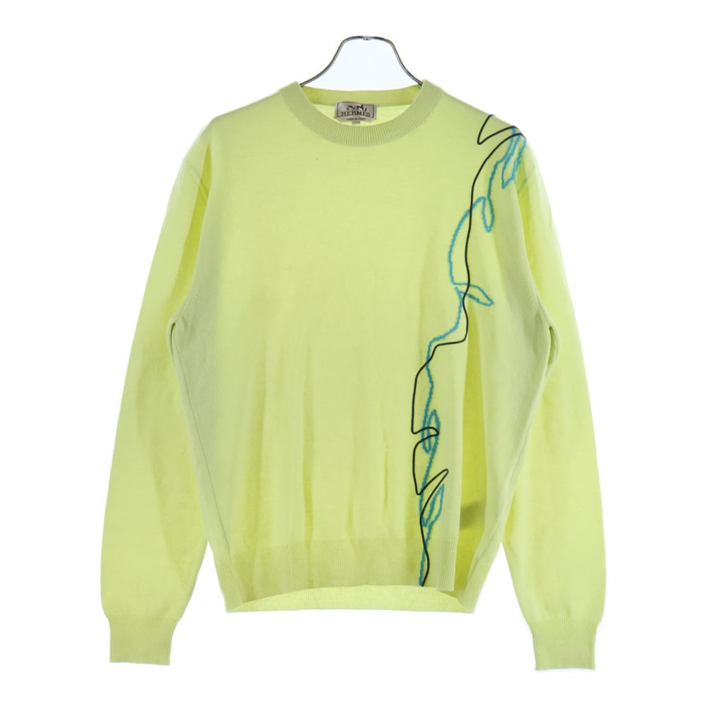 HERMES(エルメス) レザーコード刺繍 クルーネック プルオーバー 長袖ニット セーター ライトグリーン