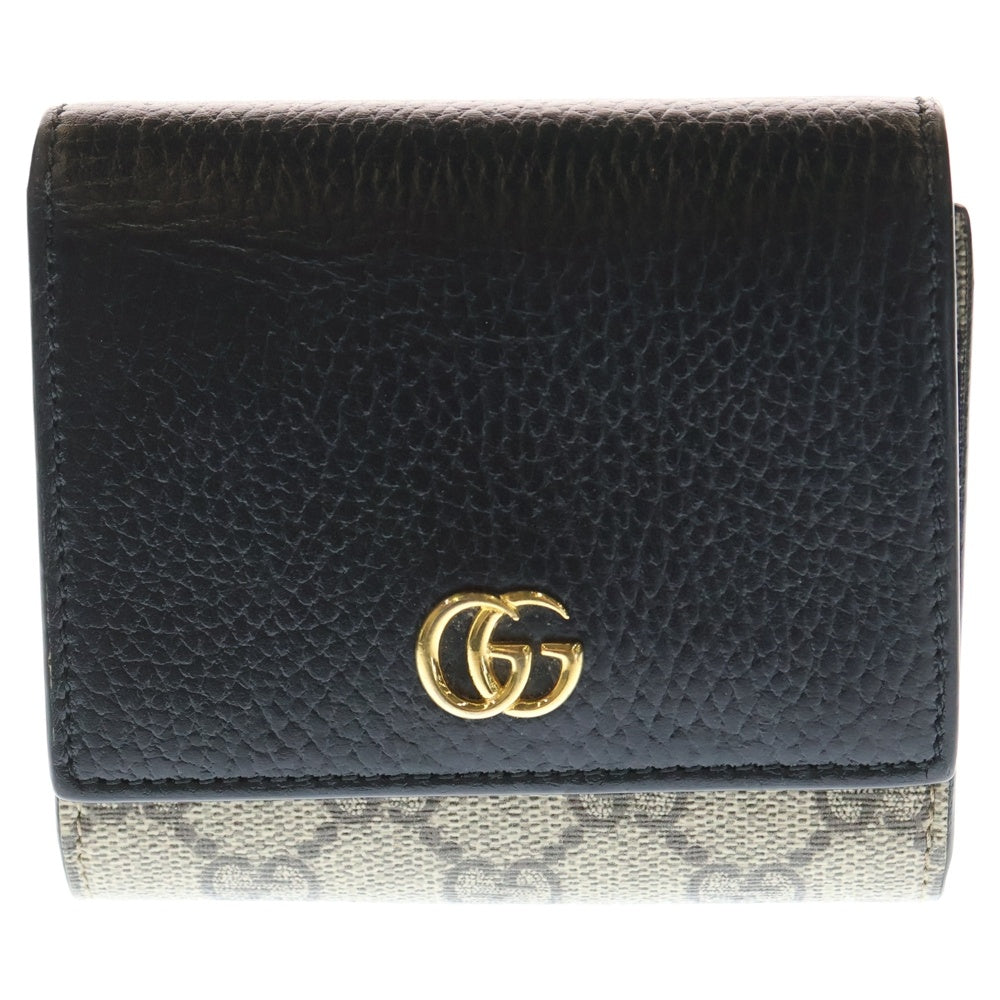 GUCCI(グッチ) GGマーモント 三つ折り財布 コンパクトウォレット コインケース ベージュ×ブラック PVC×レザー 598587 ゴールド金具