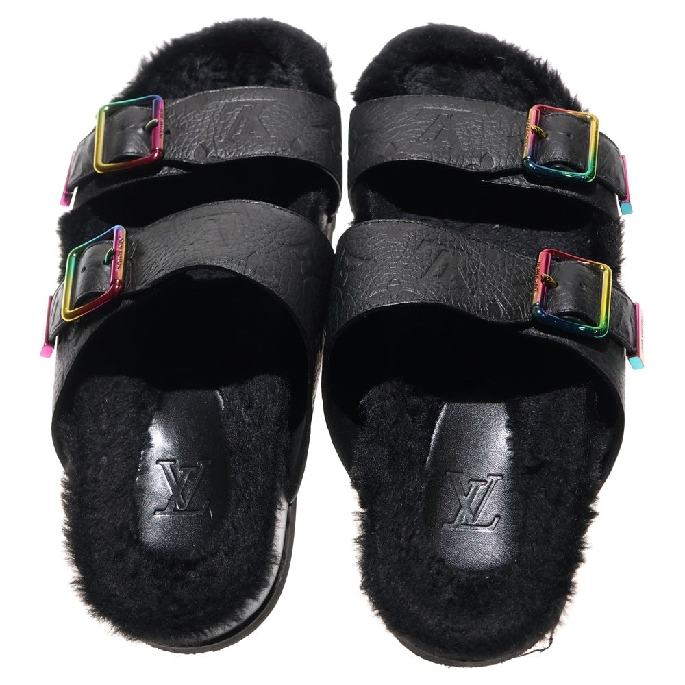 LOUIS VUITTON(ルイヴィトン) ミラボーライン モノグラム アンプラント エンボスレザー ボアライニング ストラップ フラットサンダル シューズ ブラック