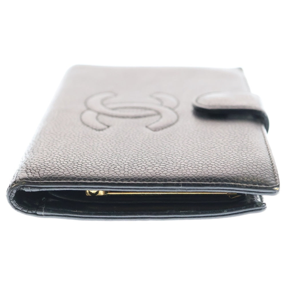 CHANEL(シャネル) ココマーク キャビアスキン レザー がま口 ロングウォレット 長財布 ゴールド金具 ブラック 9番台