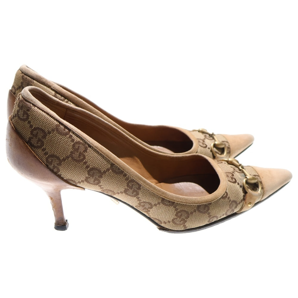 GUCCI(グッチ) GGキャンバス スエードレザー ホースビット ポインテッドトゥ ヒール パンプス シューズ ベージュ レディース 121319