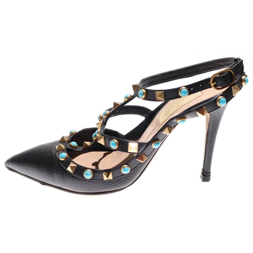 valentino garavan(ヴァレンティノガラヴァーニ) ロックスタッズ ターコイズ レザー ヒール ストラップ ポインテッドトゥ パンプス シューズ ゴールド金具 ブラック レディース
