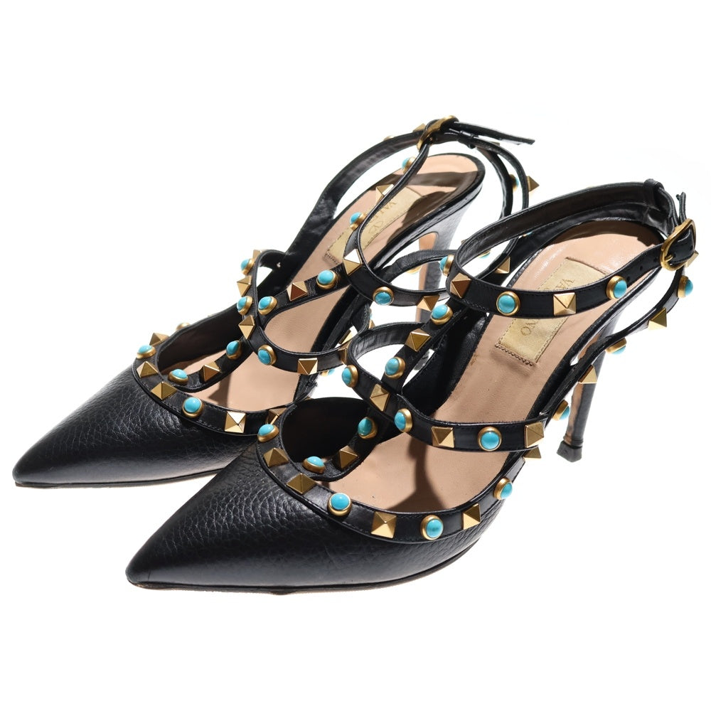 valentino garavan(ヴァレンティノガラヴァーニ) ロックスタッズ ターコイズ レザー ヒール ストラップ ポインテッドトゥ パンプス シューズ ゴールド金具 ブラック レディース