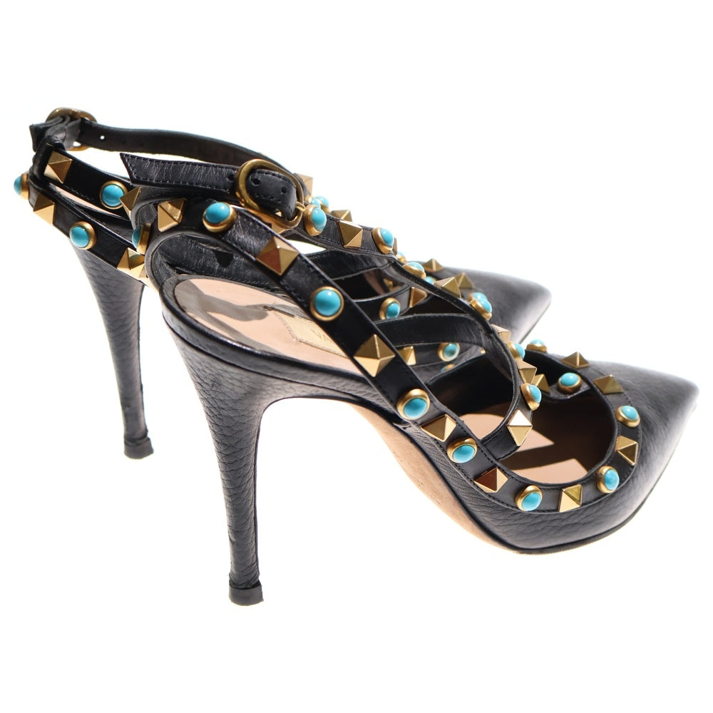 valentino garavan(ヴァレンティノガラヴァーニ) ロックスタッズ ターコイズ レザー ヒール ストラップ ポインテッドトゥ パンプス シューズ ゴールド金具 ブラック レディース