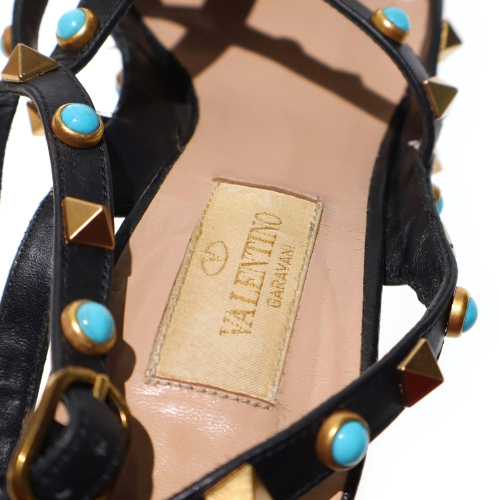 valentino garavan(ヴァレンティノガラヴァーニ) ロックスタッズ ターコイズ レザー ヒール ストラップ ポインテッドトゥ パンプス シューズ ゴールド金具 ブラック レディース