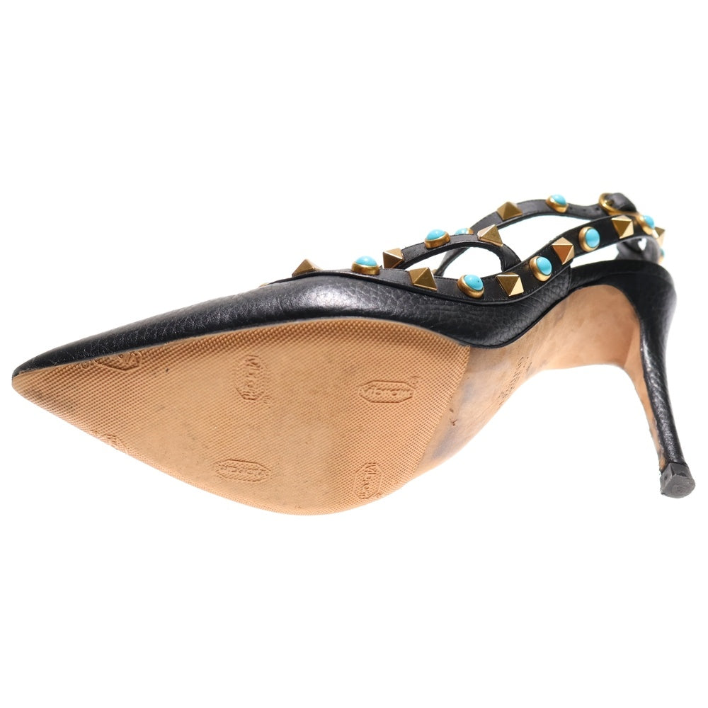 valentino garavan(ヴァレンティノガラヴァーニ) ロックスタッズ ターコイズ レザー ヒール ストラップ ポインテッドトゥ パンプス シューズ ゴールド金具 ブラック レディース