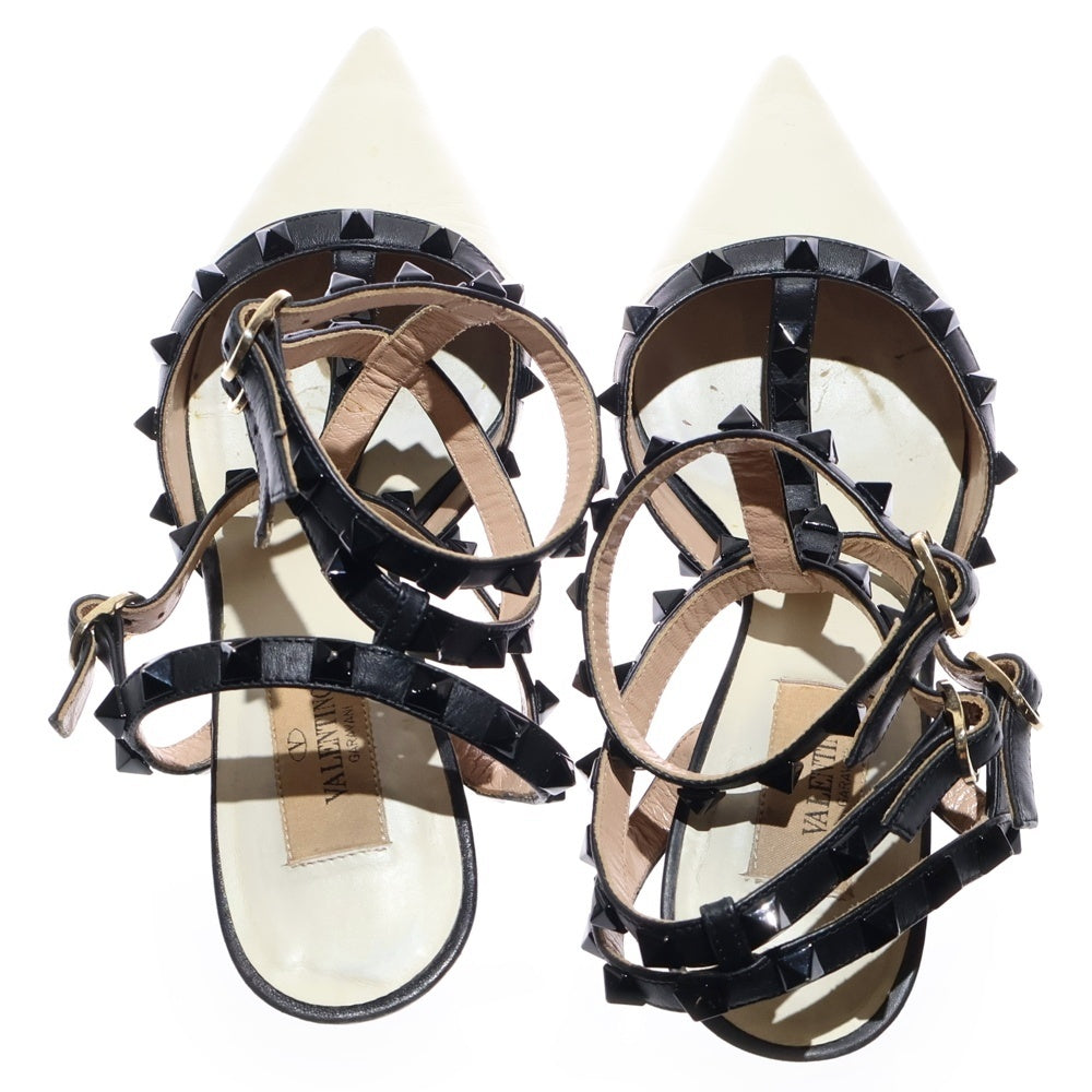 valentino garavan(ヴァレンティノガラヴァーニ) ロックスタッズ レザー ヒール ストラップ ポインテッドトゥ パンプス シューズ ゴールド金具 ホワイト/ブラック レディース