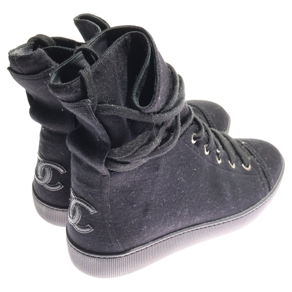 CHANEL(シャネル) ココマーク レザーパッチ コットン レースアップ ハイカットシューズ スニーカー ブラック レディース G30136