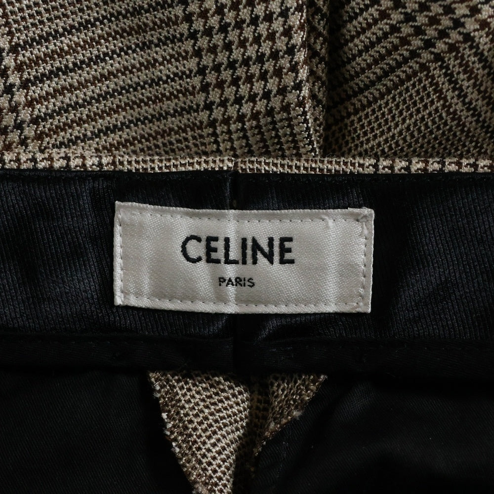 CELINE(セリーヌ) グレンチェック 2タック シルク ウール ストレート スラックスパンツ トラウザーズ ベージュ 2P718013J