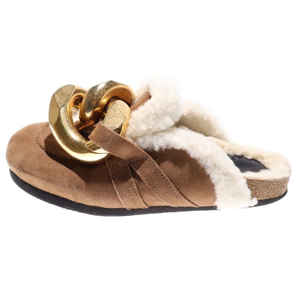 J.W.ANDERSON(ジェー ダブリュー アンダーソン) ビッグチェーン スエードレザー ボアライニング ローカットシューズ サンダル ミュール ゴールド金具 ブラウン レディース