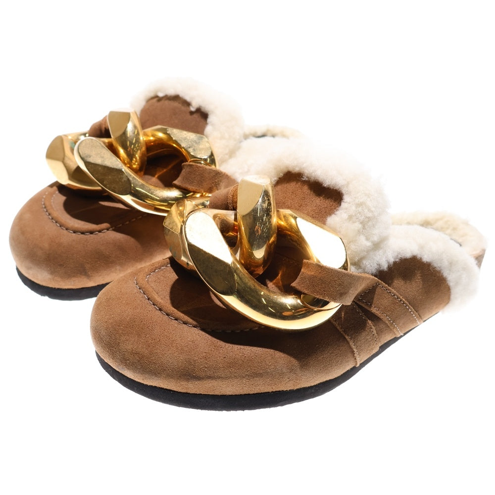 J.W.ANDERSON(ジェー ダブリュー アンダーソン) ビッグチェーン スエードレザー ボアライニング ローカットシューズ サンダル ミュール ゴールド金具 ブラウン レディース