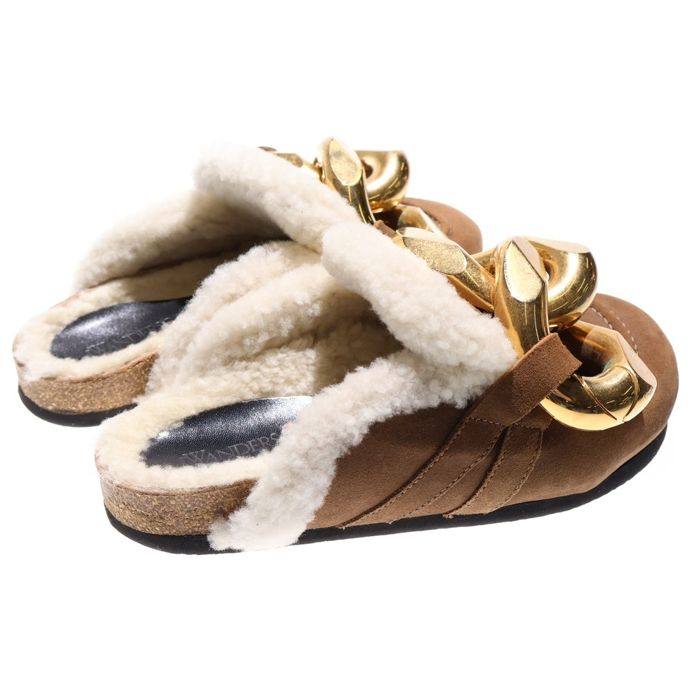 J.W.ANDERSON(ジェー ダブリュー アンダーソン) ビッグチェーン スエードレザー ボアライニング ローカットシューズ サンダル ミュール ゴールド金具 ブラウン レディース